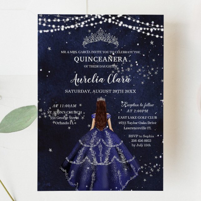 Starry Night Navy Blue Gown Silver Quinceañera Invitation (Creator Uploaded)