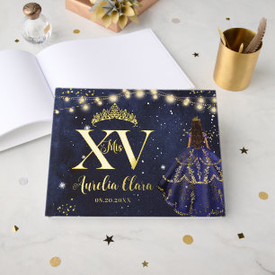 Starry Night Navy Blue Princess Quinceañera Gold Guest Book