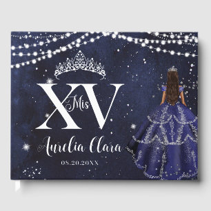 Starry Night Navy Blue Princess Quinceañera Silver Guest Book