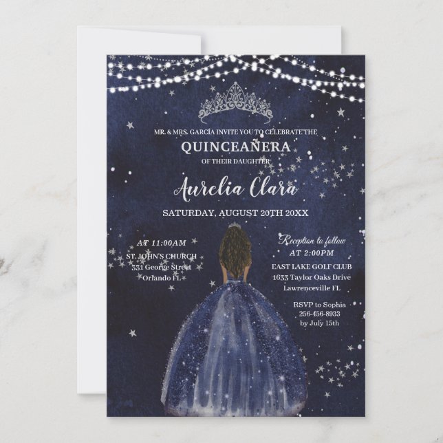 Starry Night Navy Blue Quinceañera Brown Princess Invitation (Front)