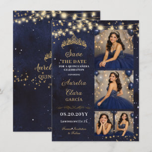 Starry Night Navy Blue Quinceañera Photo Save Date Card