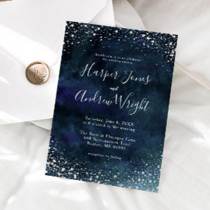 Starry Night Navy Blue Silver Glitter Wedding Invitation