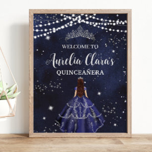 Starry Night Navy Blue Silver Quinceañera Birthday Poster
