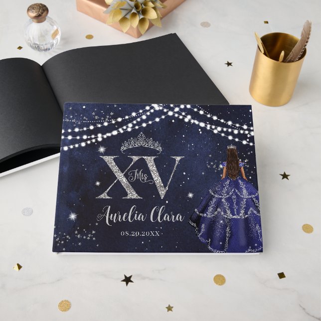 Starry Night Navy Blue Silver XV 15 Quinceanera  Guest Book (Front Open)