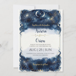 Starry night navy blue watercolor wedding invitation