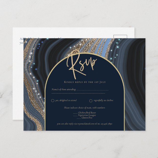 Starry Night Navy Gold Agate Wedding RSVP Postcard (Front/Back)
