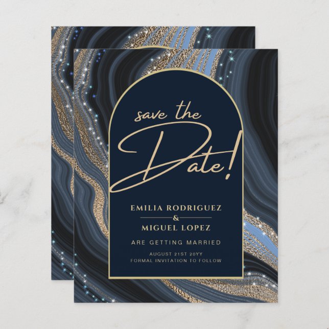 Starry Night Navy Gold Agate Wedding SAVE DATE (Front/Back)