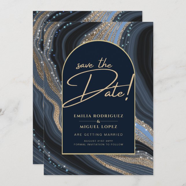 Starry Night Navy Gold Agate Wedding SAVE DATE Invitation (Front/Back)