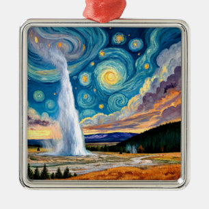 Starry Night Old Faithful Yellowstone Park Metal Ornament