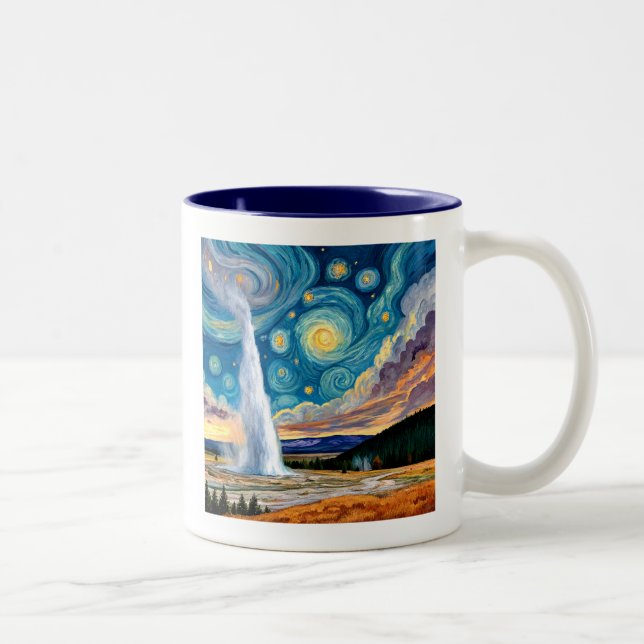 Starry Night Old Faithful Yellowstone Park Two-Tone Coffee Mug (Right)