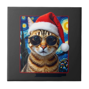 Starry Night Orange Tabby Cat Christmas Ceramic Tile
