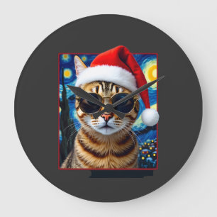Starry Night Orange Tabby Cat Christmas Large Clock