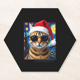 Starry Night Orange Tabby Cat Christmas Paper Coaster
