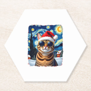 Starry Night Orange Tabby Cat Christmas Paper Coaster