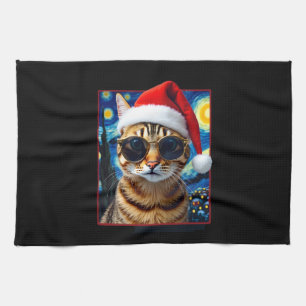 Starry Night Orange Tabby Cat Christmas Tea Towel
