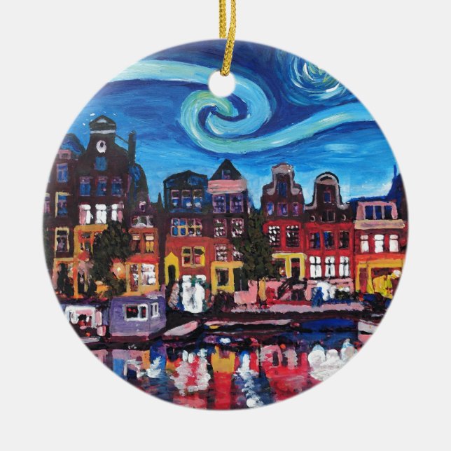 Starry Night over Amsterdam Canal Ceramic Ornament (Front)