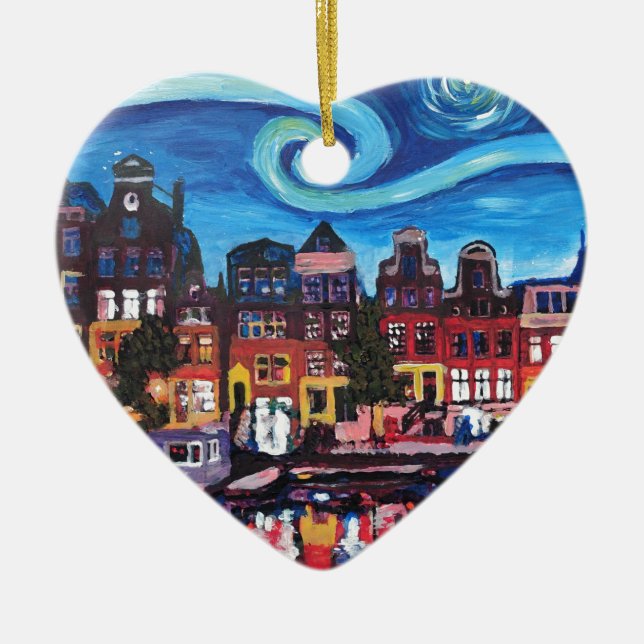 Starry Night over Amsterdam Canal Ceramic Tree Decoration (Front)