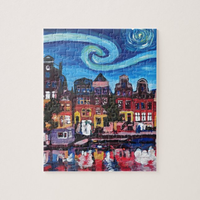 Starry Night over Amsterdam Canal Jigsaw Puzzle (Vertical)