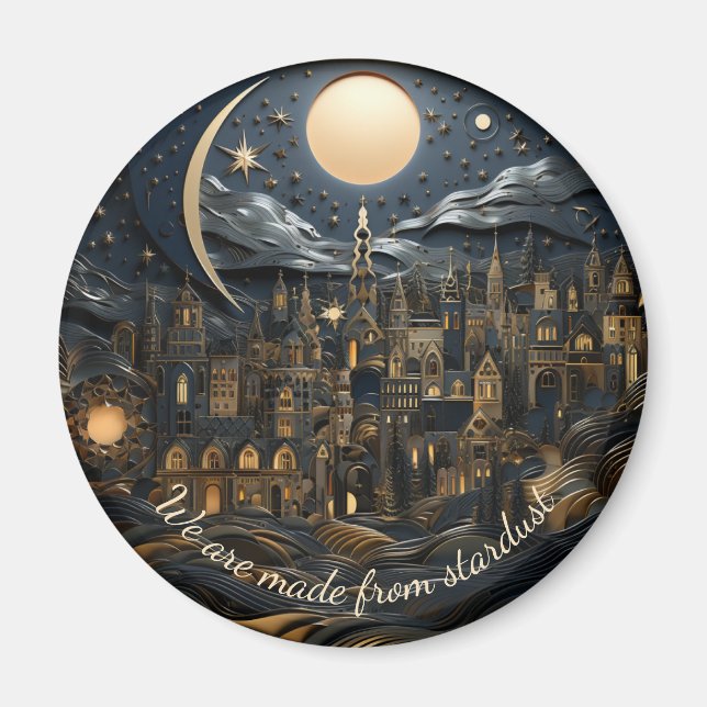 Starry night over cityscape 1 of 3 round magnet (Front)