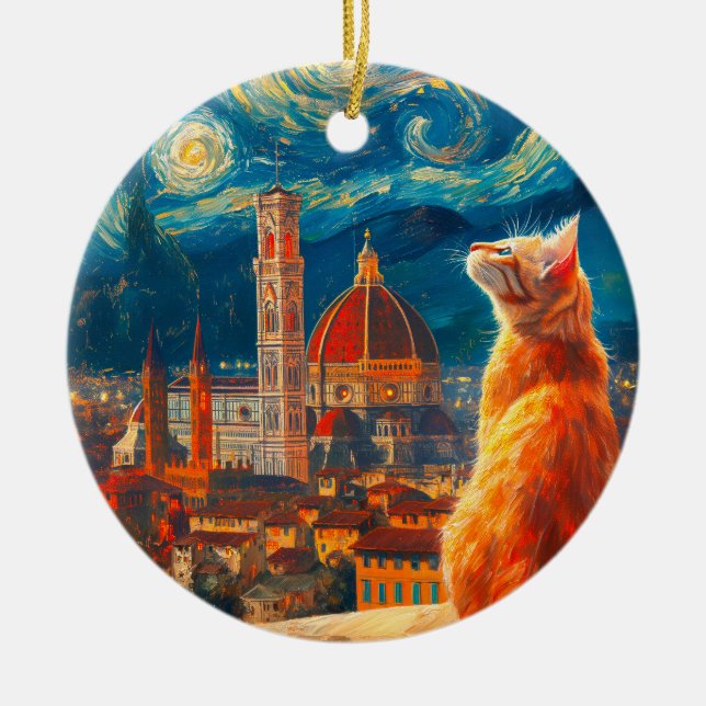 Starry Night Over Florence | Ginger Cat Art Ceramic Ornament (Front)