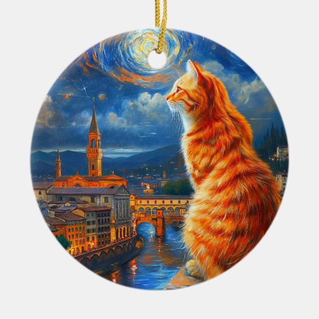 Starry Night Over Florence | Ginger Cat Art Ceramic Ornament (Front)