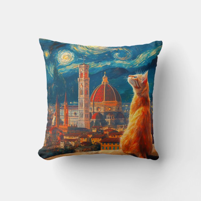 Starry Night Over Florence | Ginger Cat Art Cushion (Front)