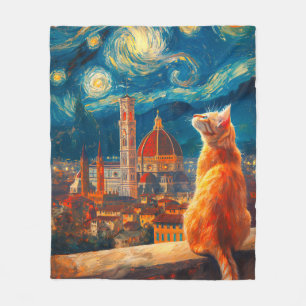 Starry Night Over Florence Ginger Cat Art Fleece Blanket