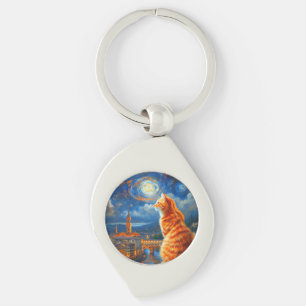 Starry Night Over Florence Ginger Cat Art Key Ring