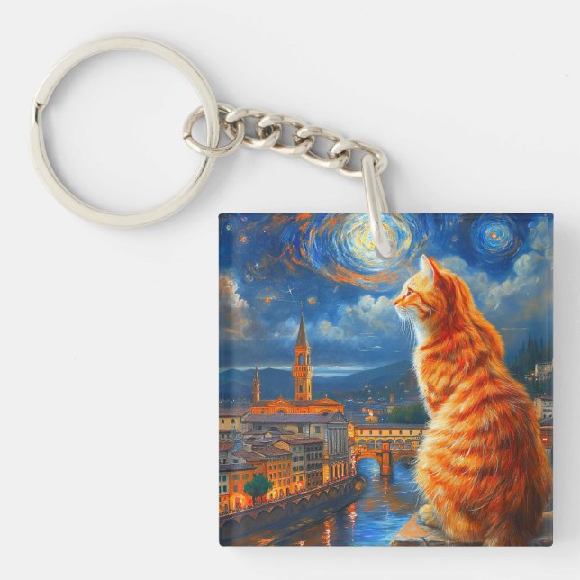 Starry Night Over Florence | Ginger Cat Art Key Ring (Front)