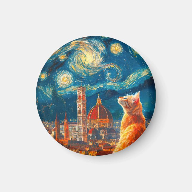 Starry Night Over Florence | Ginger Cat Art Magnet (Front)
