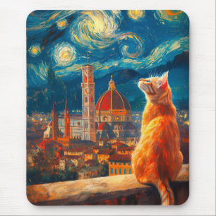 Starry Night Over Florence Ginger Cat Art Mouse Pad