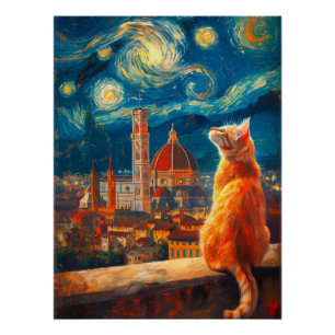 Starry Night Over Florence Ginger Cat Art Poster