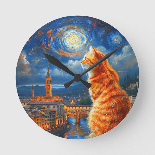 Starry Night Over Florence | Ginger Cat Art Round Clock (Front)