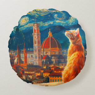 Starry Night Over Florence Ginger Cat Art Round Cushion