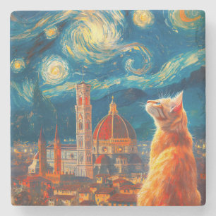 Starry Night Over Florence   Ginger Cat Art Stone Coaster