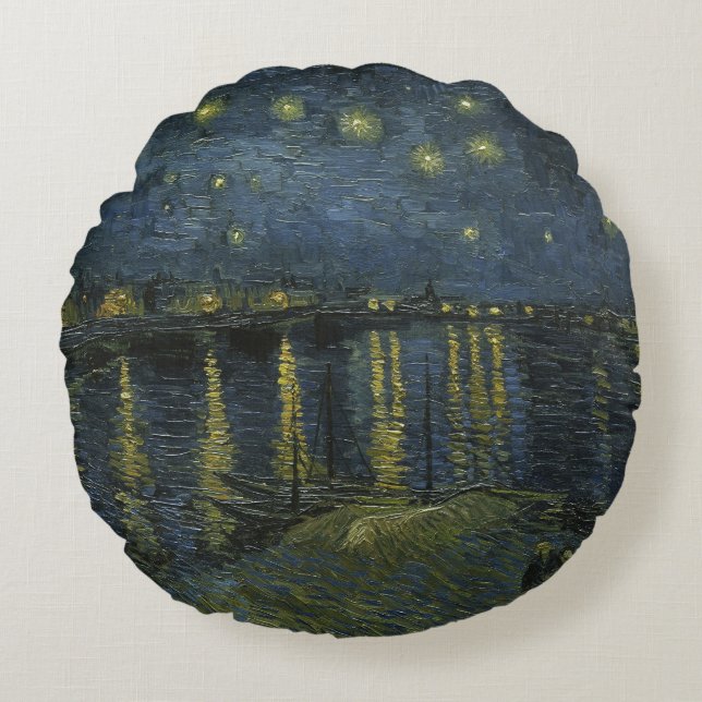 Starry Night Over the Rhône, oil painting Van Gogh Round Cushion (Front)