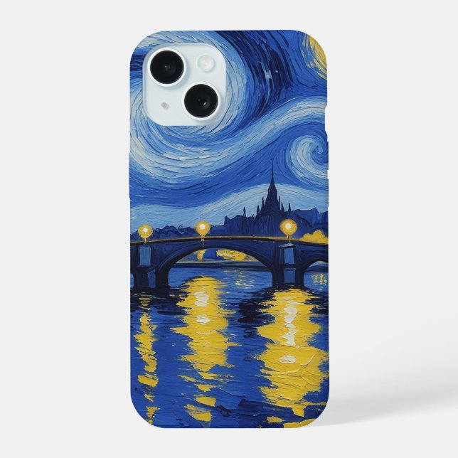 Starry night over the river iPhone 15 case (Back)
