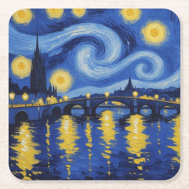 Starry night over the river square paper coaster (Front)
