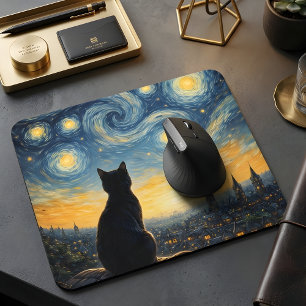 Starry Night Overlook Black Cat & Twinkling Town Mouse Pad