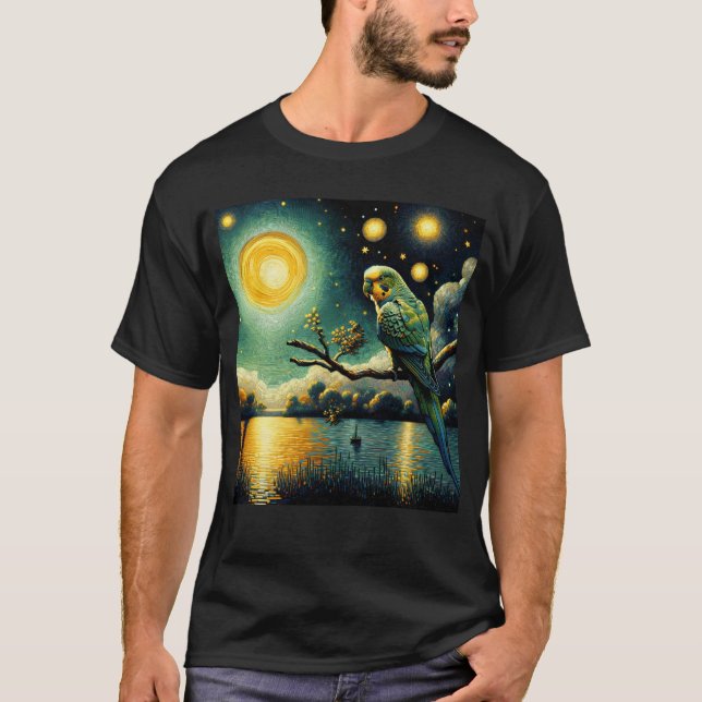Starry Night Parakeet Parrot Van Gogh Bird Lover T-Shirt (Front)