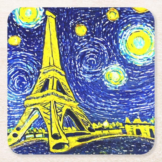 Starry Night Paris France Square Paper Coaster (Front)