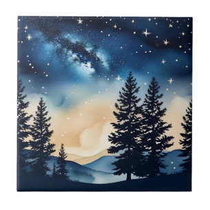 Starry Night Pine A Dreamy Watercolor Ceramic Tile