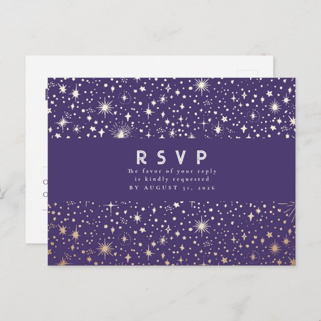 Starry Night Purple and Gold Wedding RSVP Postcard (Front/Back)