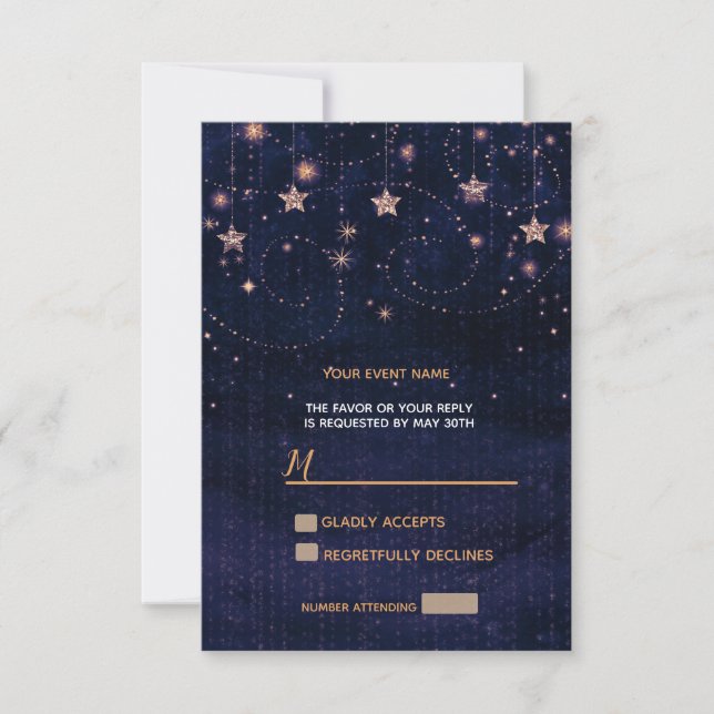 Starry Night Purple Gold Whimsical Stars RSVP Card (Front)