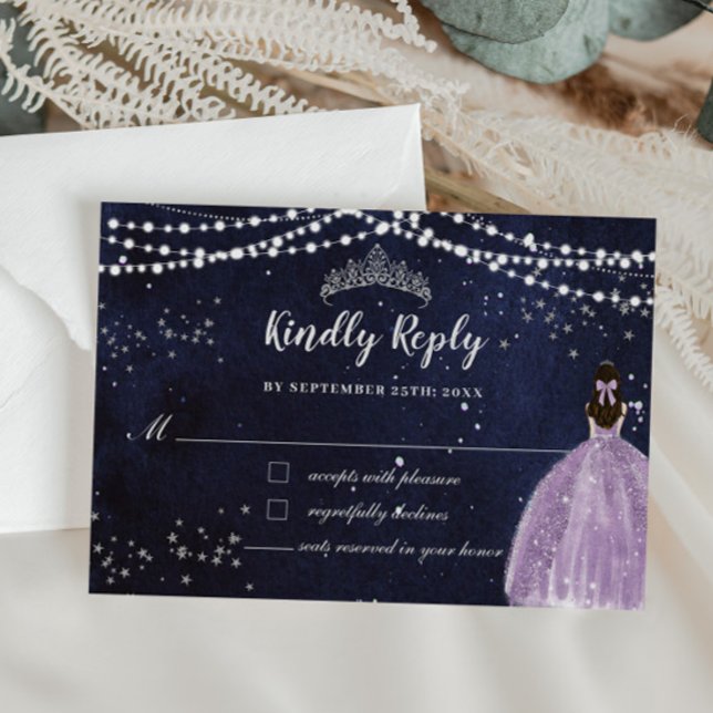 Starry Night Purple Lilac Dress Silver Quinceañera RSVP Card (starry night quinceanera purple lilac dress girl silver fairy lights rsvp response reply cards)