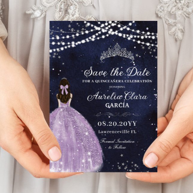 Starry Night Purple Lilac Gown Silver Quinceañera Save The Date (starry night quinceanera sweet 16 birthday purple lilac dress dark sky save the date cards )