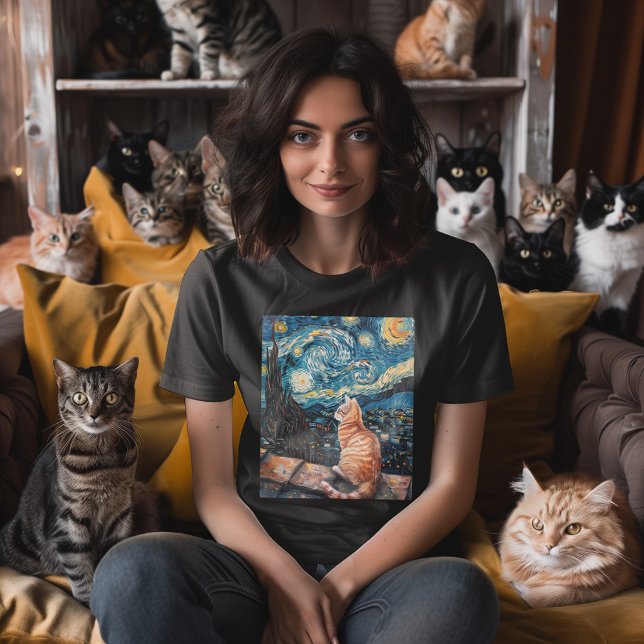 Starry Night Purrfection T-Shirt (Classic art with a modern twist. Picture a sleek cat lounging on a rooftop, surrounded by stars.)