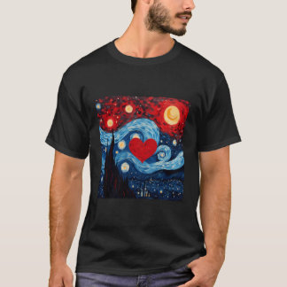 Starry Night Red Love Heart Design T-Shirt