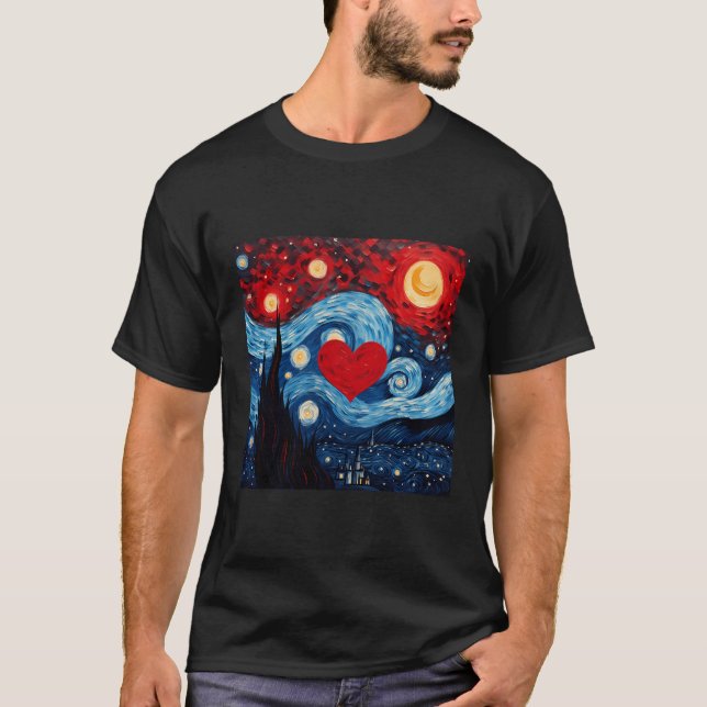 Starry Night Red Love Heart Design T-Shirt (Front)