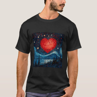Starry Night Red Love Heart Design T-Shirt